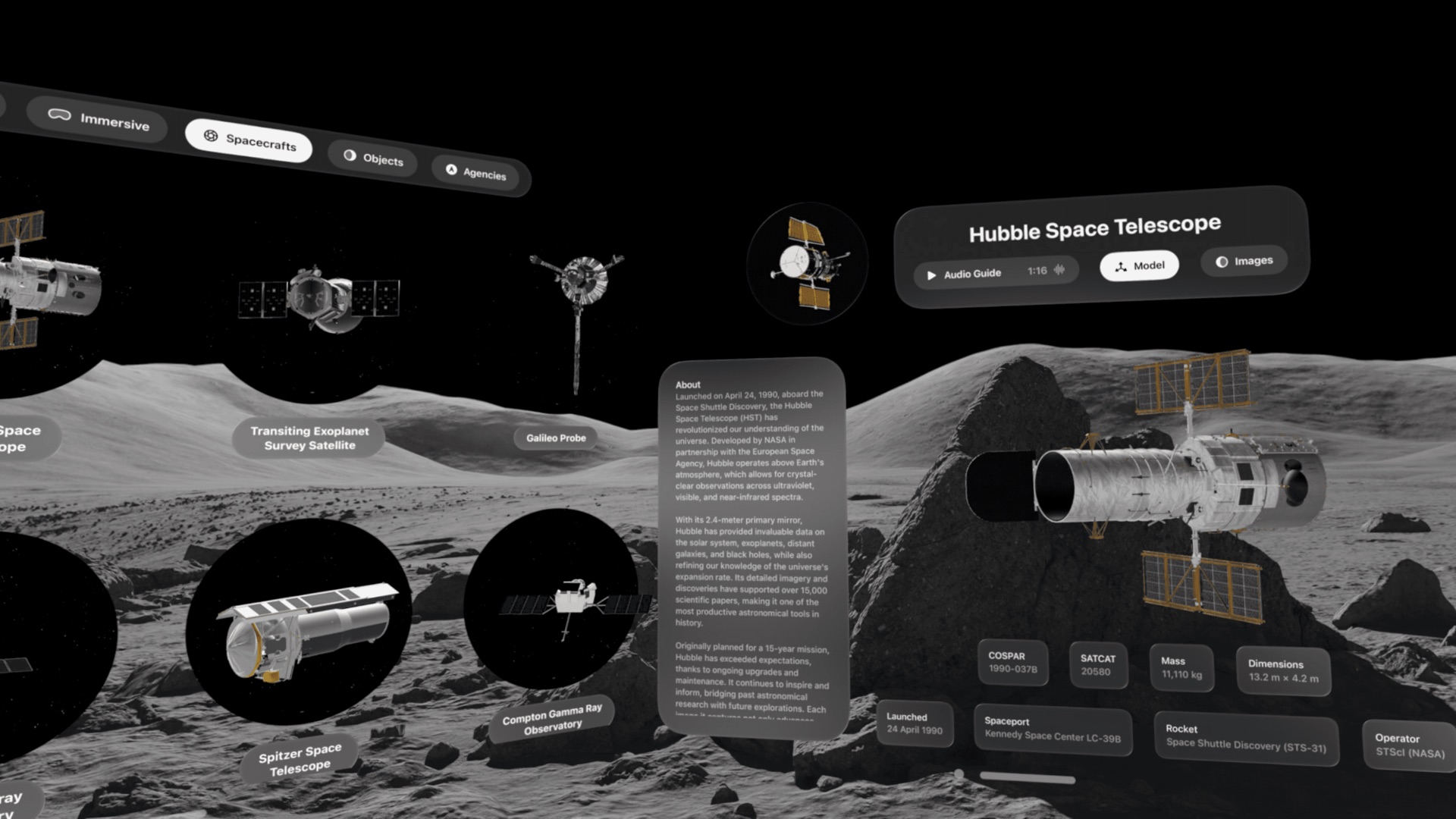 Astronoma spacecraft and Hubble Space Telescope above a lunar landscape