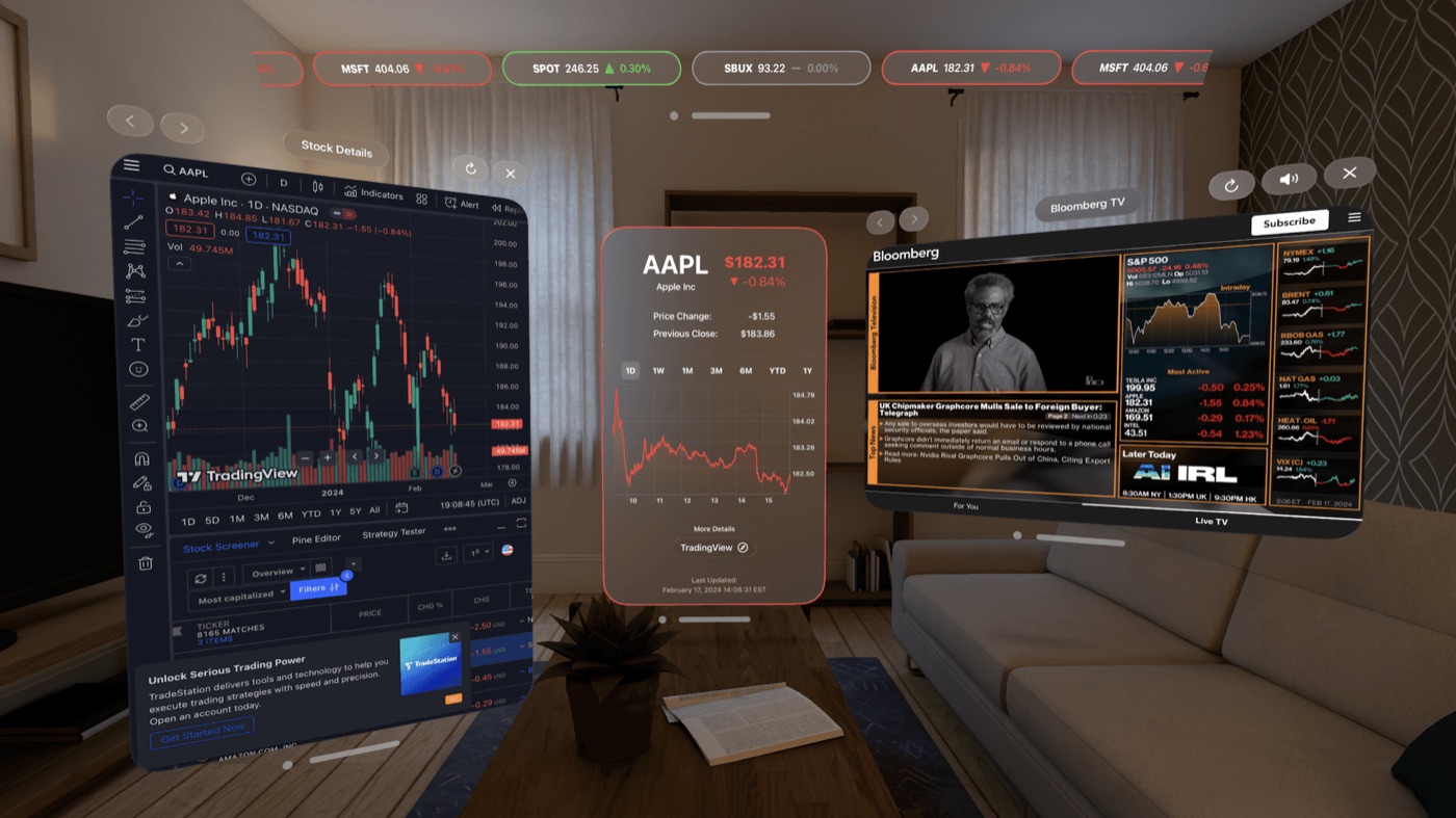 Cyberstocks trading dashboards floating in a living room