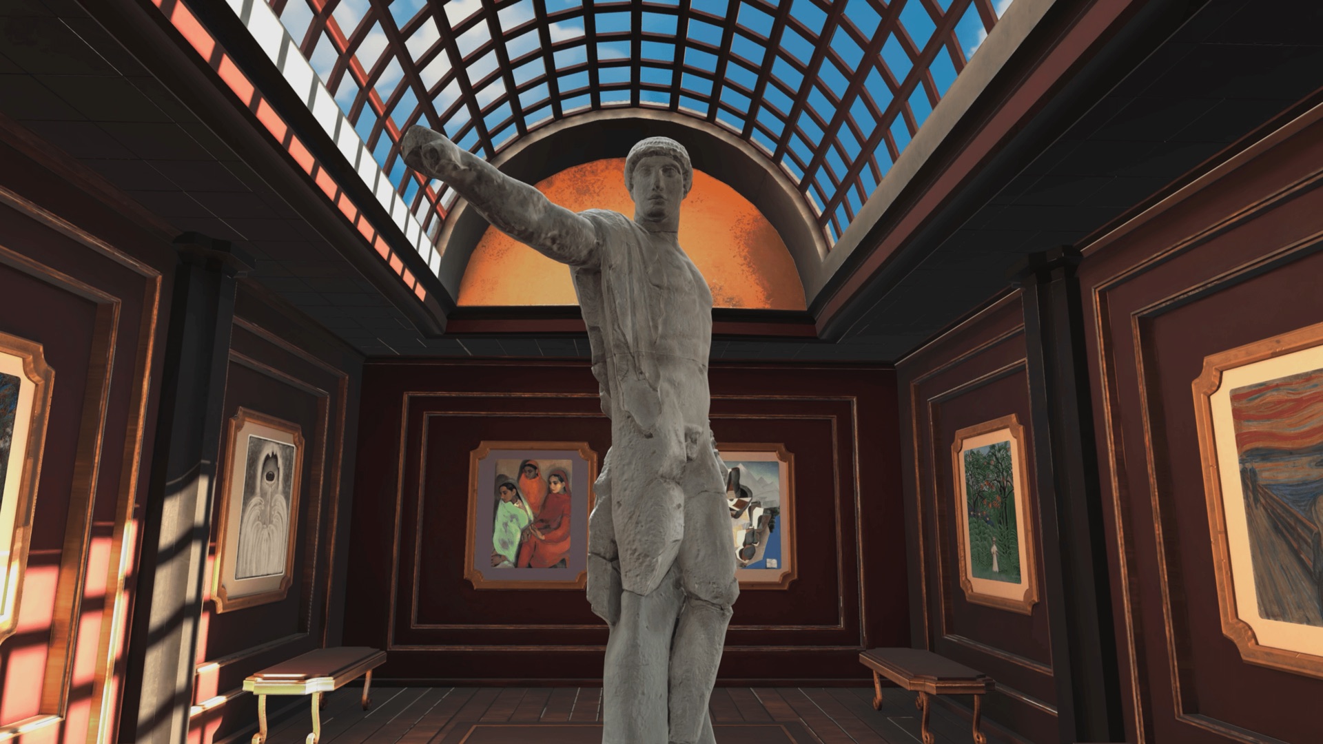 Museas gallery room with a classical statue beneath a vaulted skylight